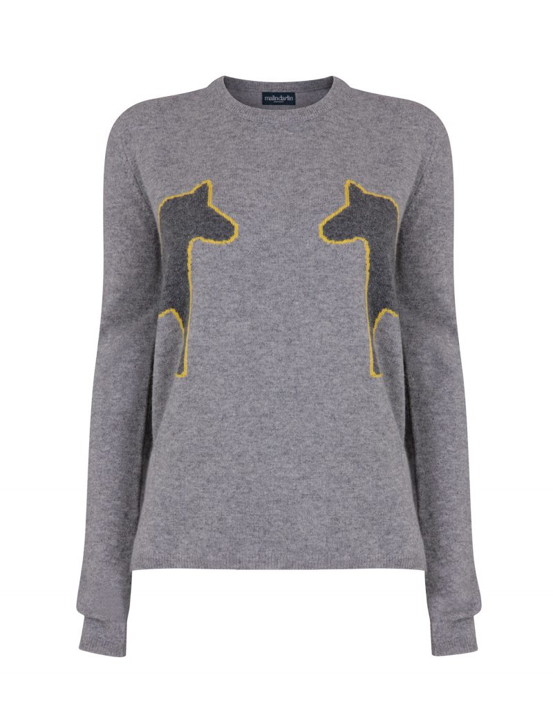 Image of a malin darlin 2 Pony designer cashmere jumper laid flat against a white background.