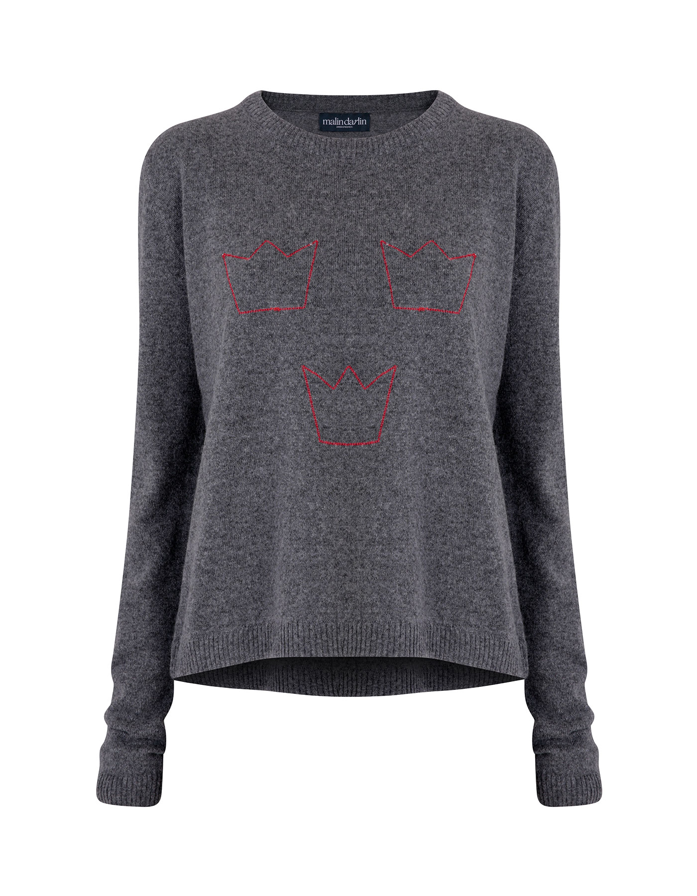 A grey designer cashmere jumper with three red crowns knitted into the pattern.