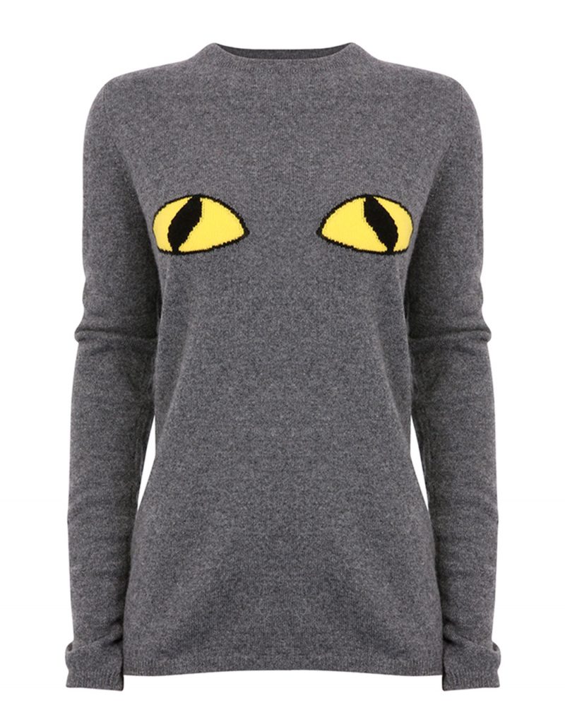 Studio photo of the malin darlin Cats Eyes cashmere jumper, pictured flat on a white background.
