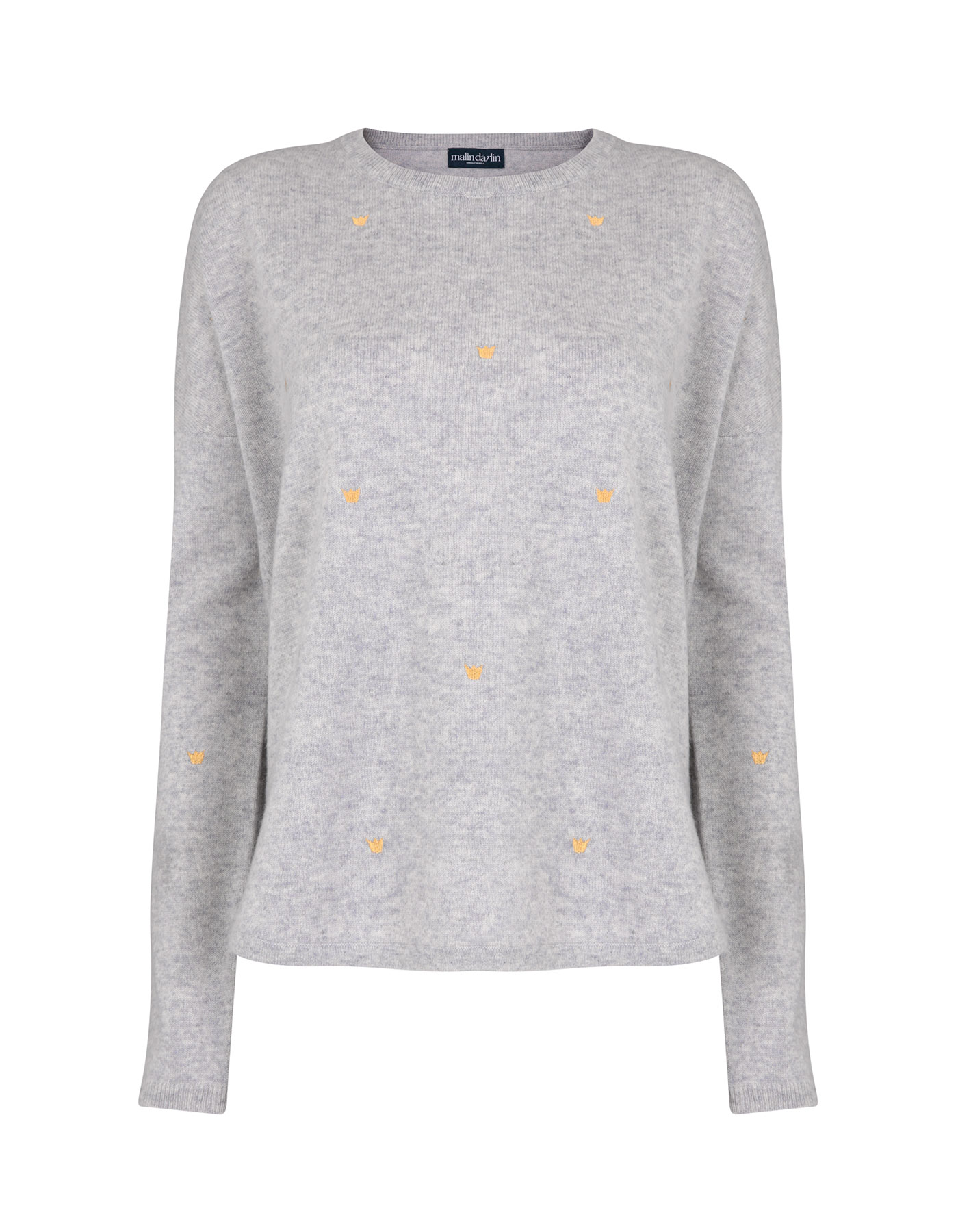 The marl malin darlin Hundred Crowns cashmere jumper pictured against a white backdrop.