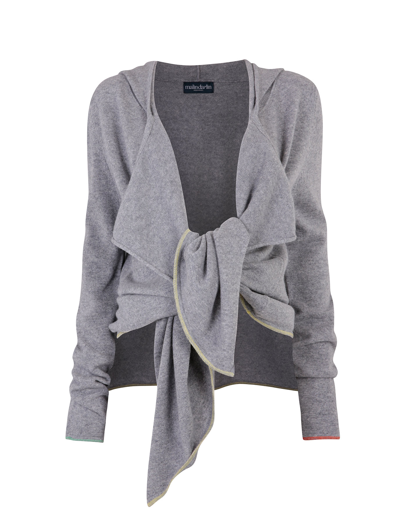 The malin darlin cashmere tie hoody pictured on a plain white background.
