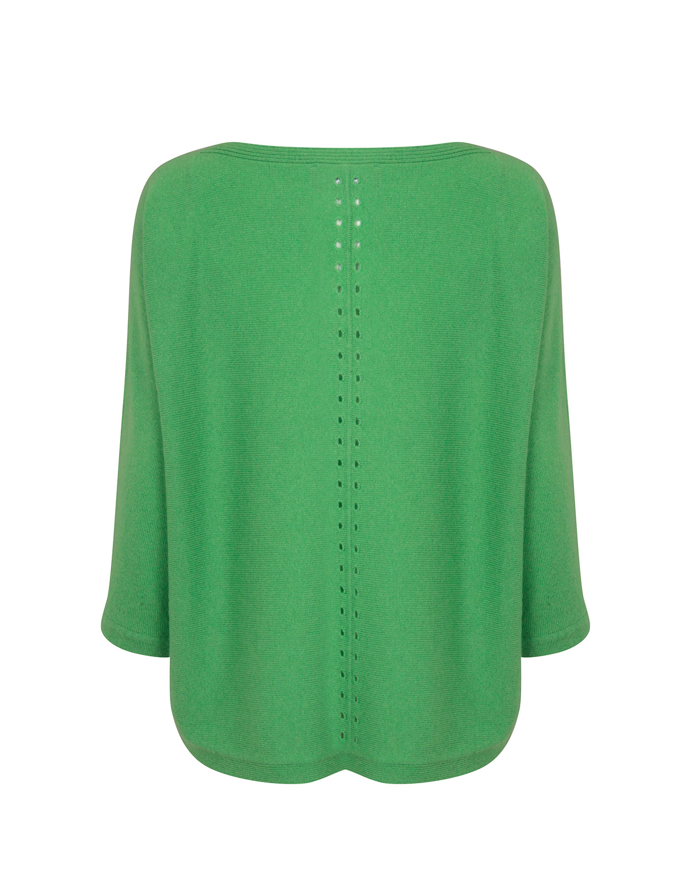 Back view of a palm jumper in green, part of the malin darlin range of designer cashmere jumpers, on a white background.