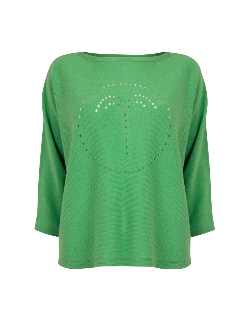 A palm jumper in pitch green, part of the malin darlin range of designer cashmere jumpers, on a white background.