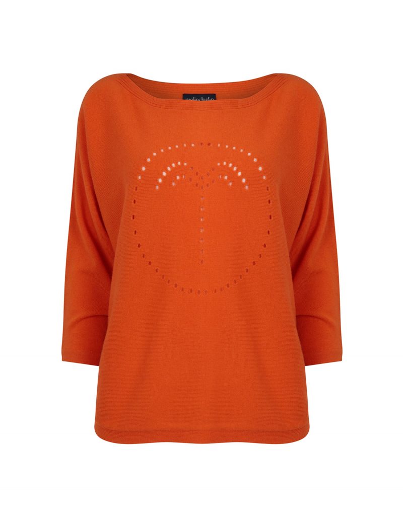 Photo of a palm jumper in orange, part of the malin darlin range of designer cashmere jumpers, on a white background.