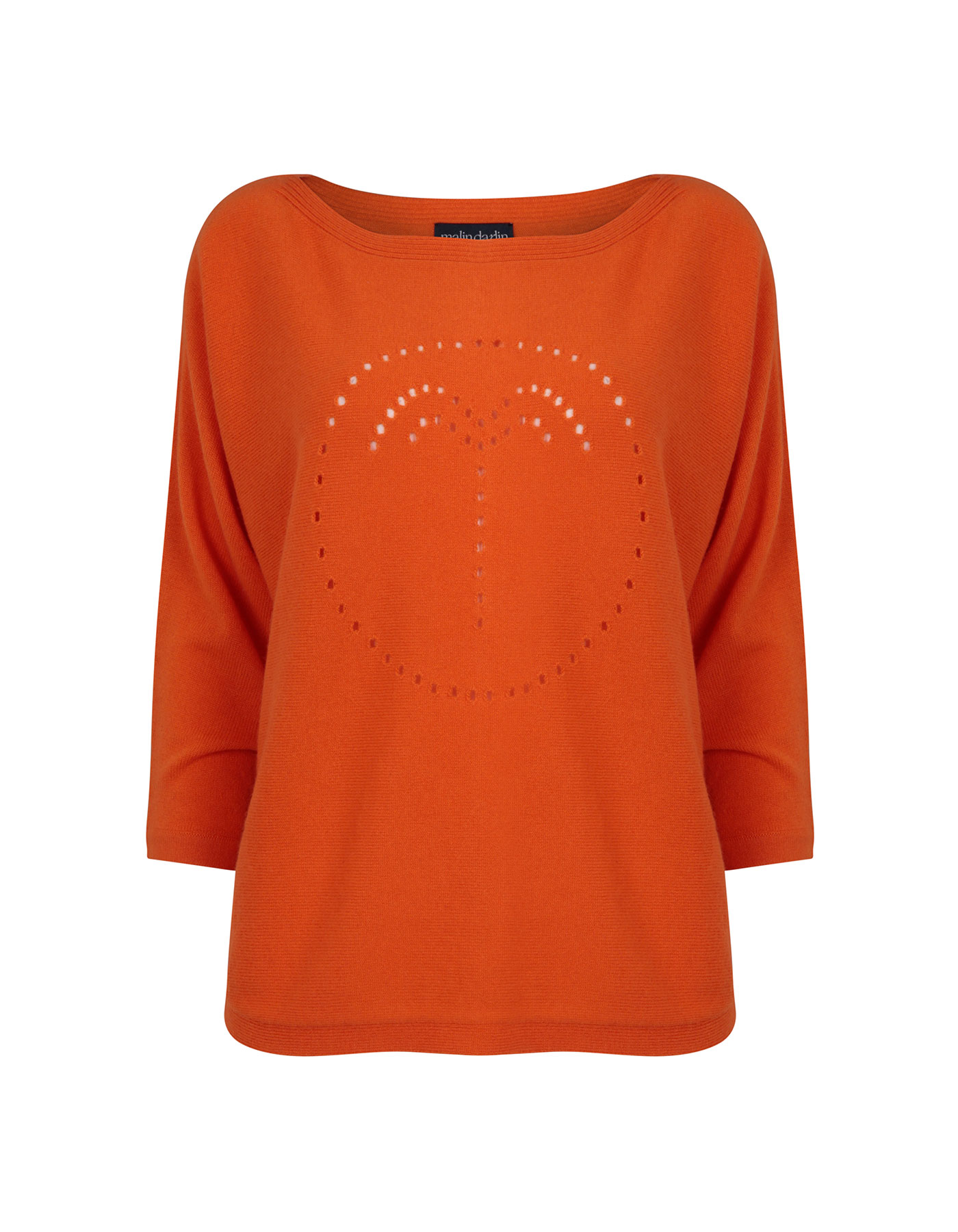 Photo of a palm jumper in orange, part of the malin darlin range of designer cashmere jumpers, on a white background.