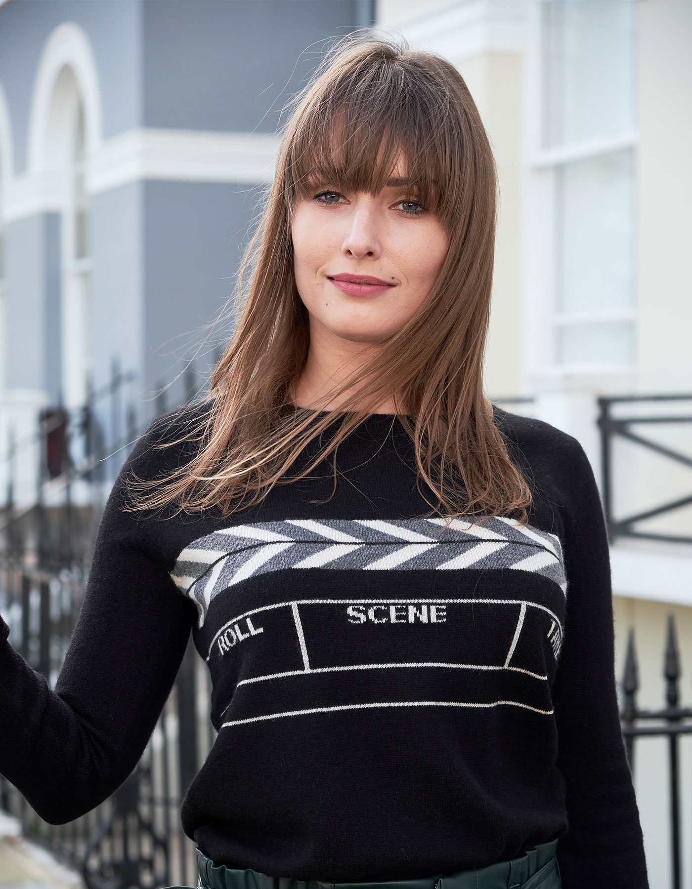Model in designer knitwear, the malin darlin Scene womens cashmere jumper.