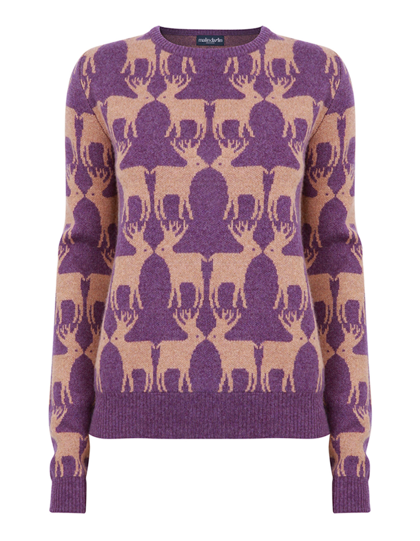 Cashmere knitwear, a malin darlin Reindeer purple cashmere jumper, laid flat on a white background.