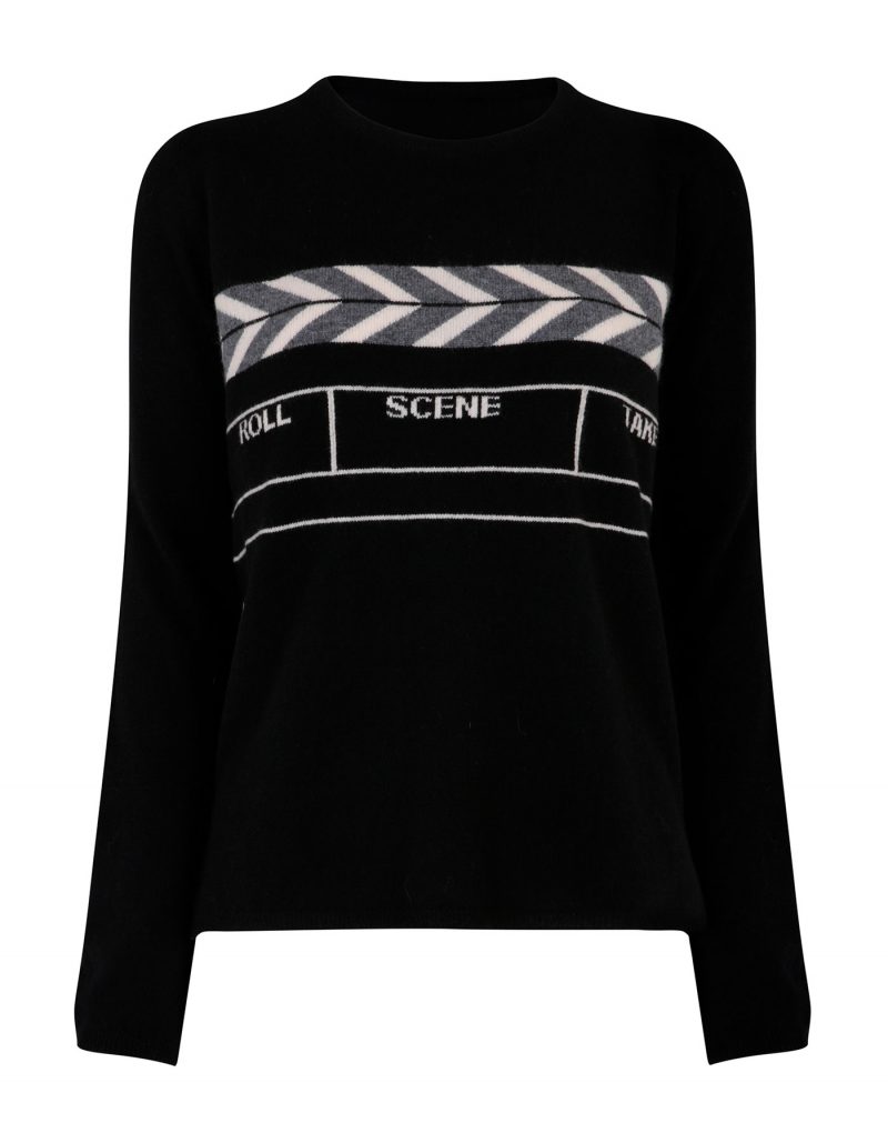 Designer knitwear, a malin darlin Scene womens cashmere jumper, laid flat on a white background.