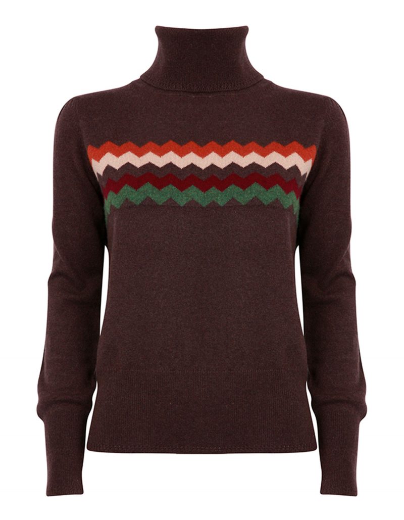 Image of malin darlin cashmere knitwear, the Zigzag chocolate cashmere jumper laid flat on a white background.