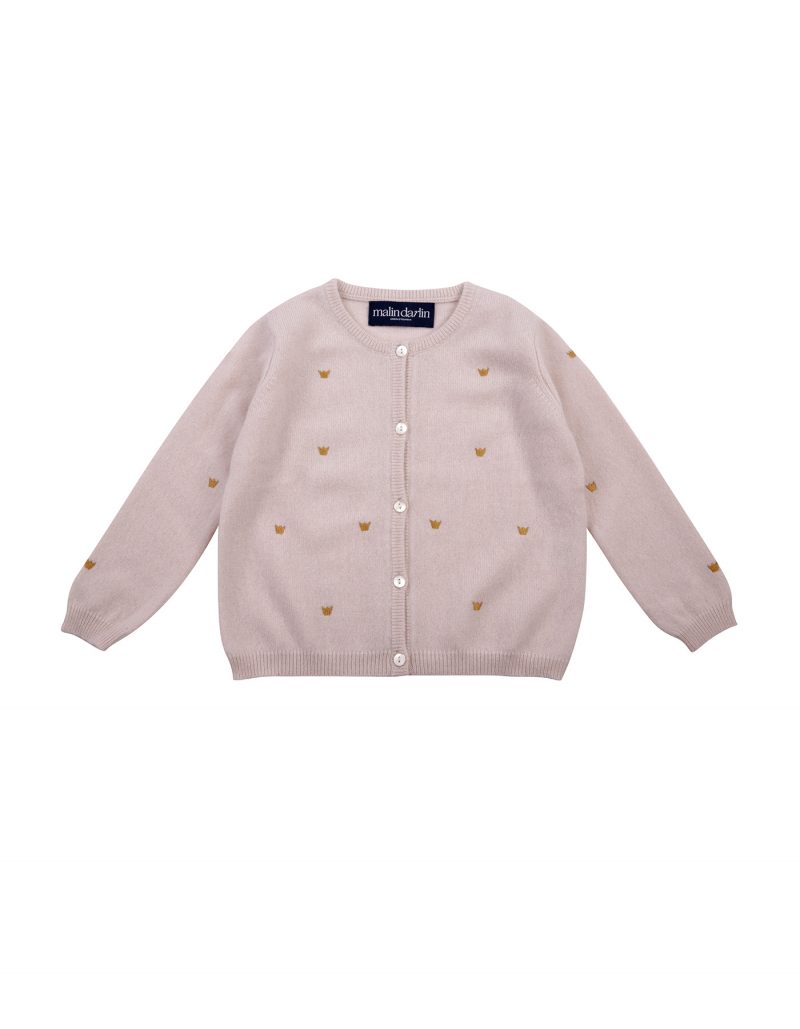 The malin darlin designer cashmere baby cardigan photographed flat on a white background.