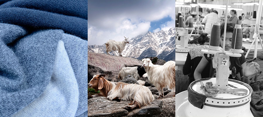 A montage of images demonstrating that malin darlin designer knitwear is responsibly made cashmere.
