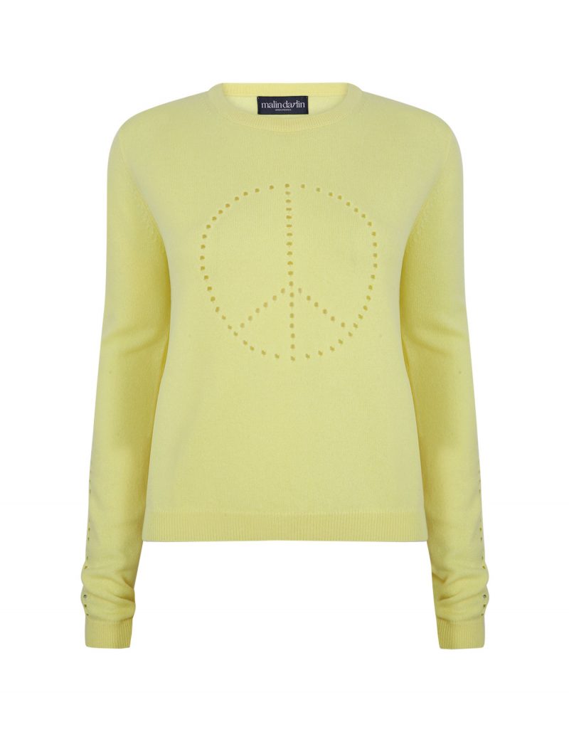 Image of designer cashmere knitwear, the malin darlin Peace cashmere jumper isolated on a white background.